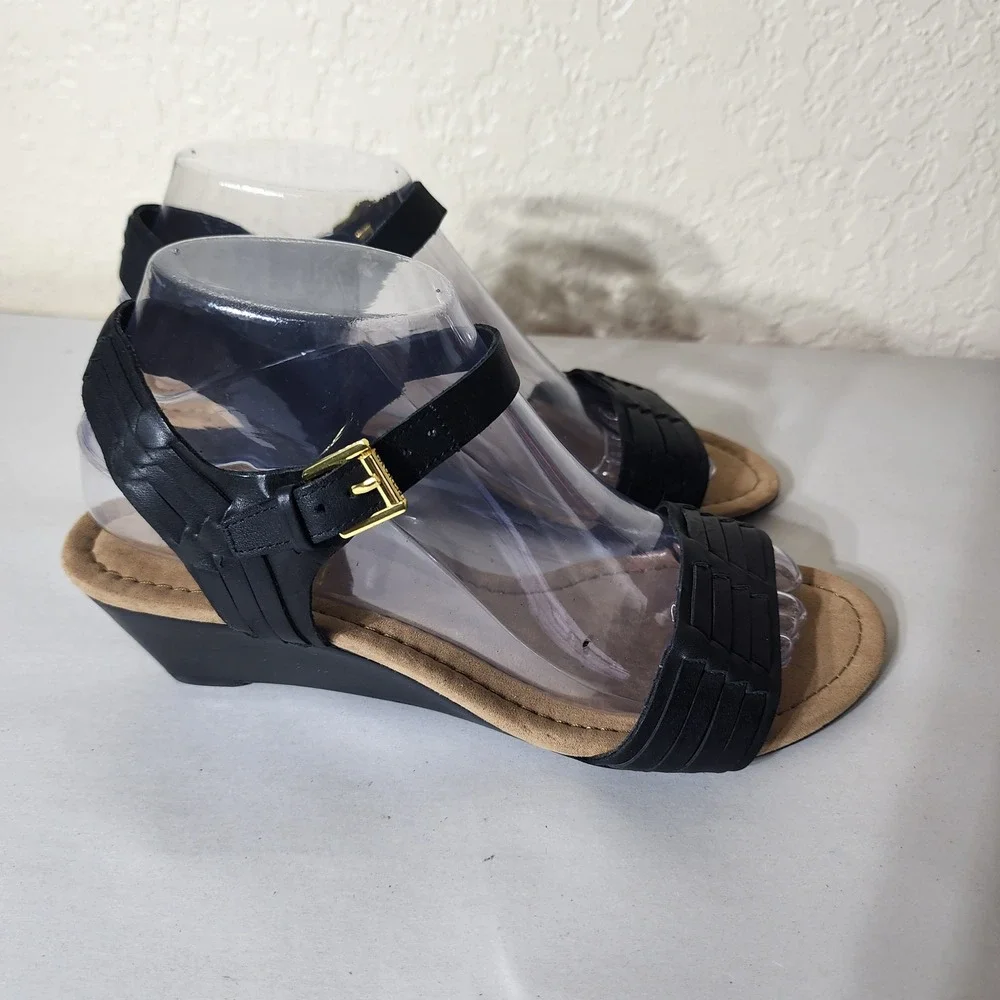 Lauren Ralph Lauren Black Leather Woven Wedge Sandals Womens 7.5B Low Heel